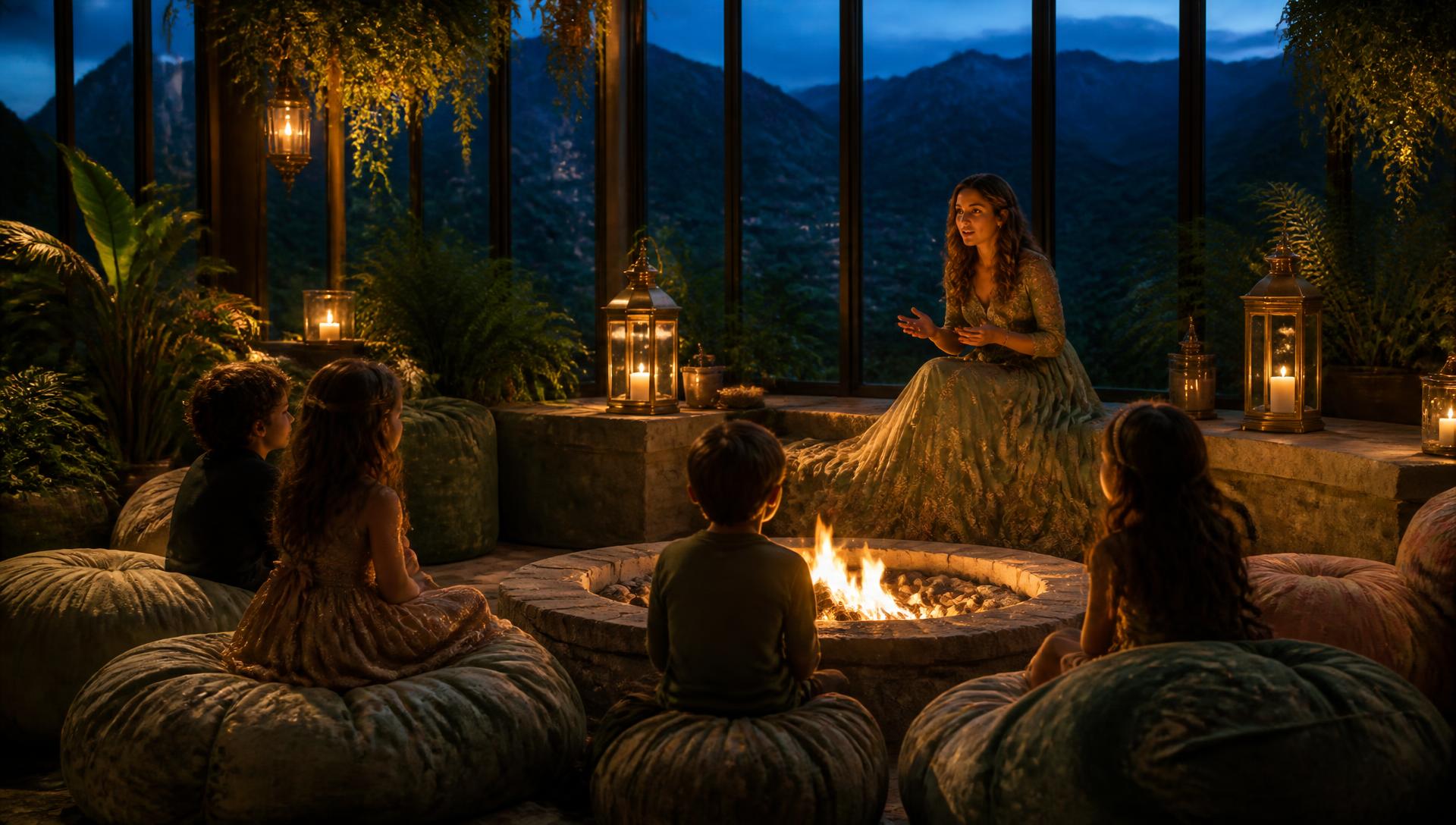 Elayna seated on a stone ledge inside the glass Conservatory at dusk, telling a story to children gathered on forest-green and sage bean bags a safe distance from a gently burning stone fire pit, lanterns and plants all around