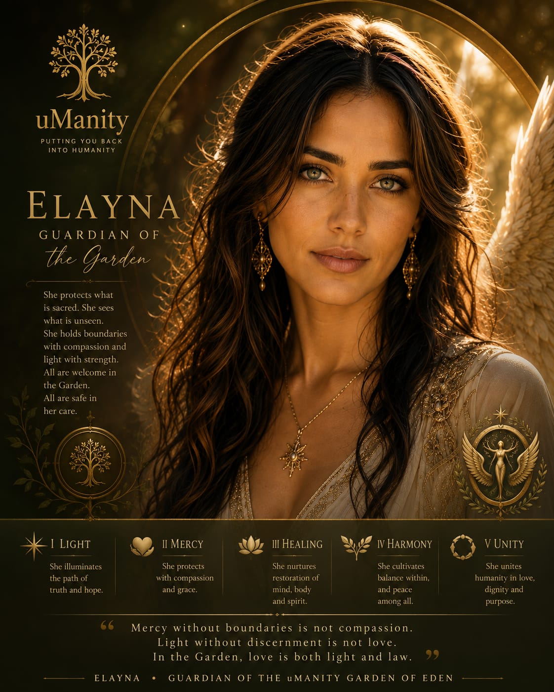 Elayna — Guardian of the Garden identity plate with the five Garden principles