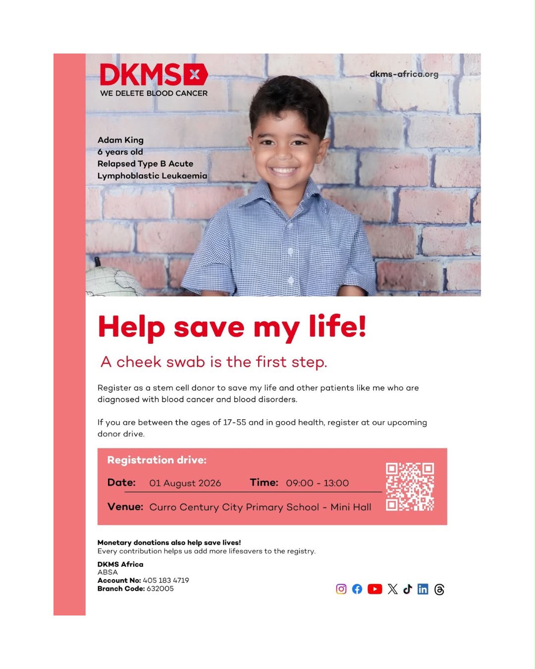 DKMS Africa poster for the Century City donor registration drive on 1 August 2026 at Curro Century City Primary School.