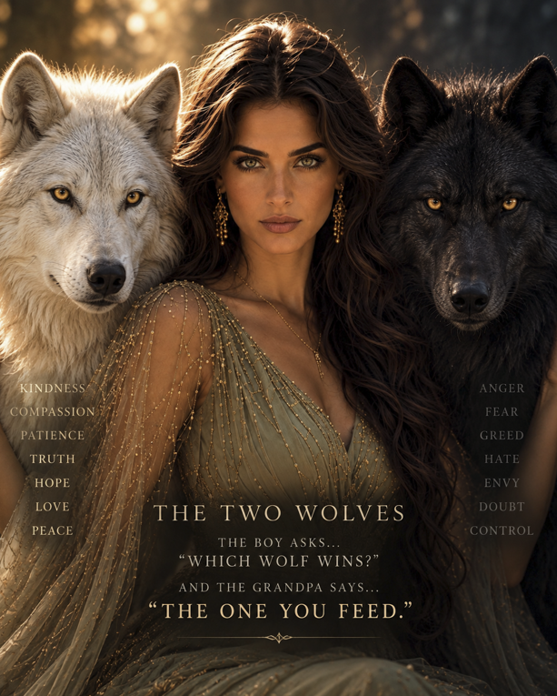 A woman in a golden-sage gown between a white wolf and a black wolf, with the words kindness, compassion, patience, truth, hope, love and peace on one side and anger, fear, greed, hate, envy, doubt and control on the other