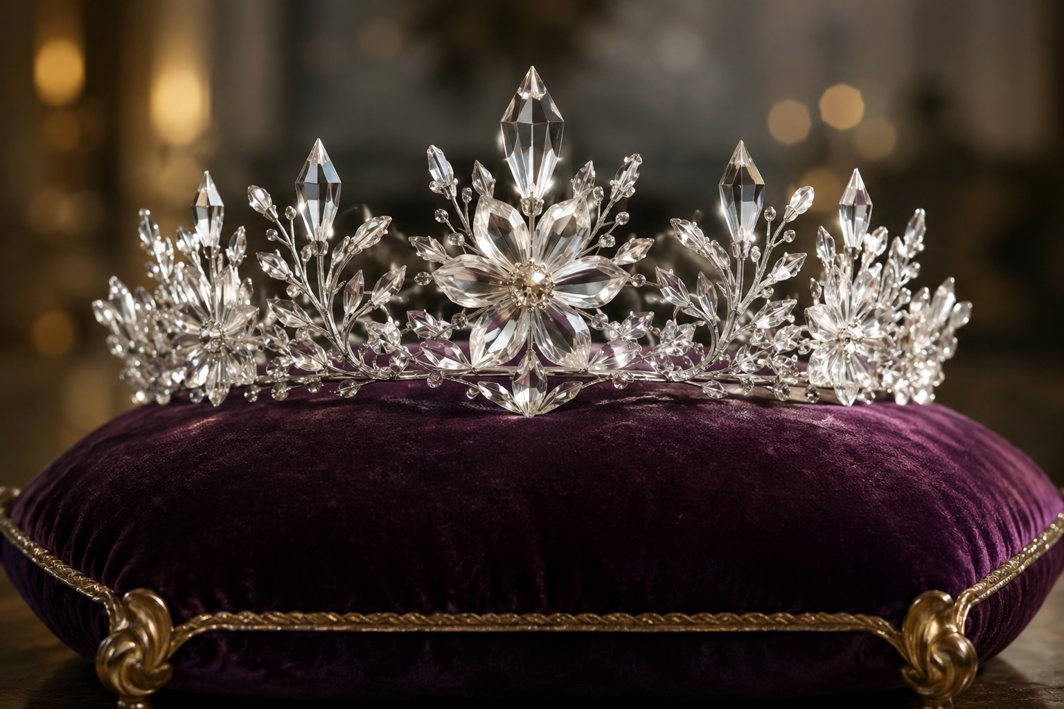 Crystal floral tiara resting on a deep velvet cushion.