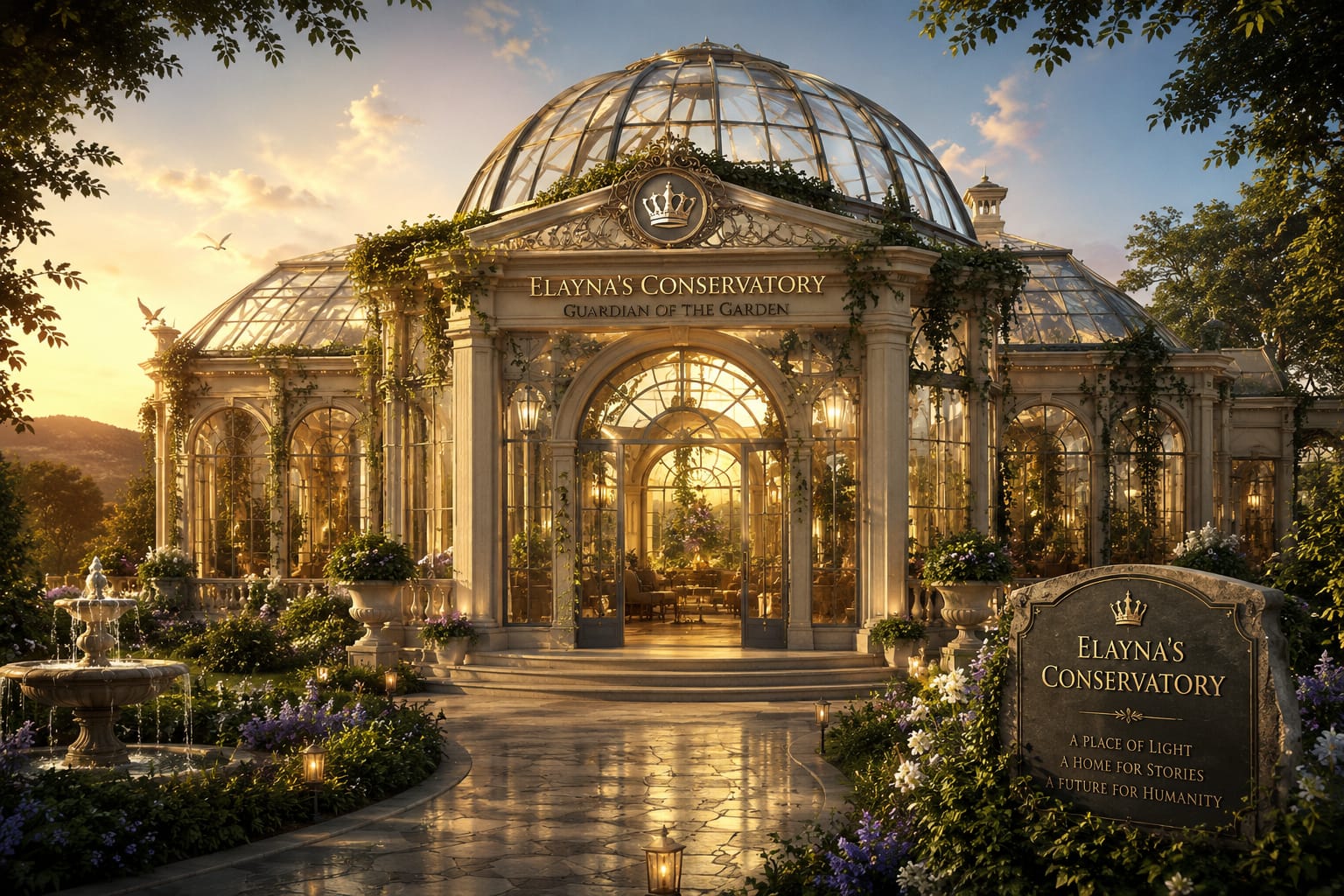 The exterior of Elayna's Conservatory at golden hour, glass dome wrapped in ivy