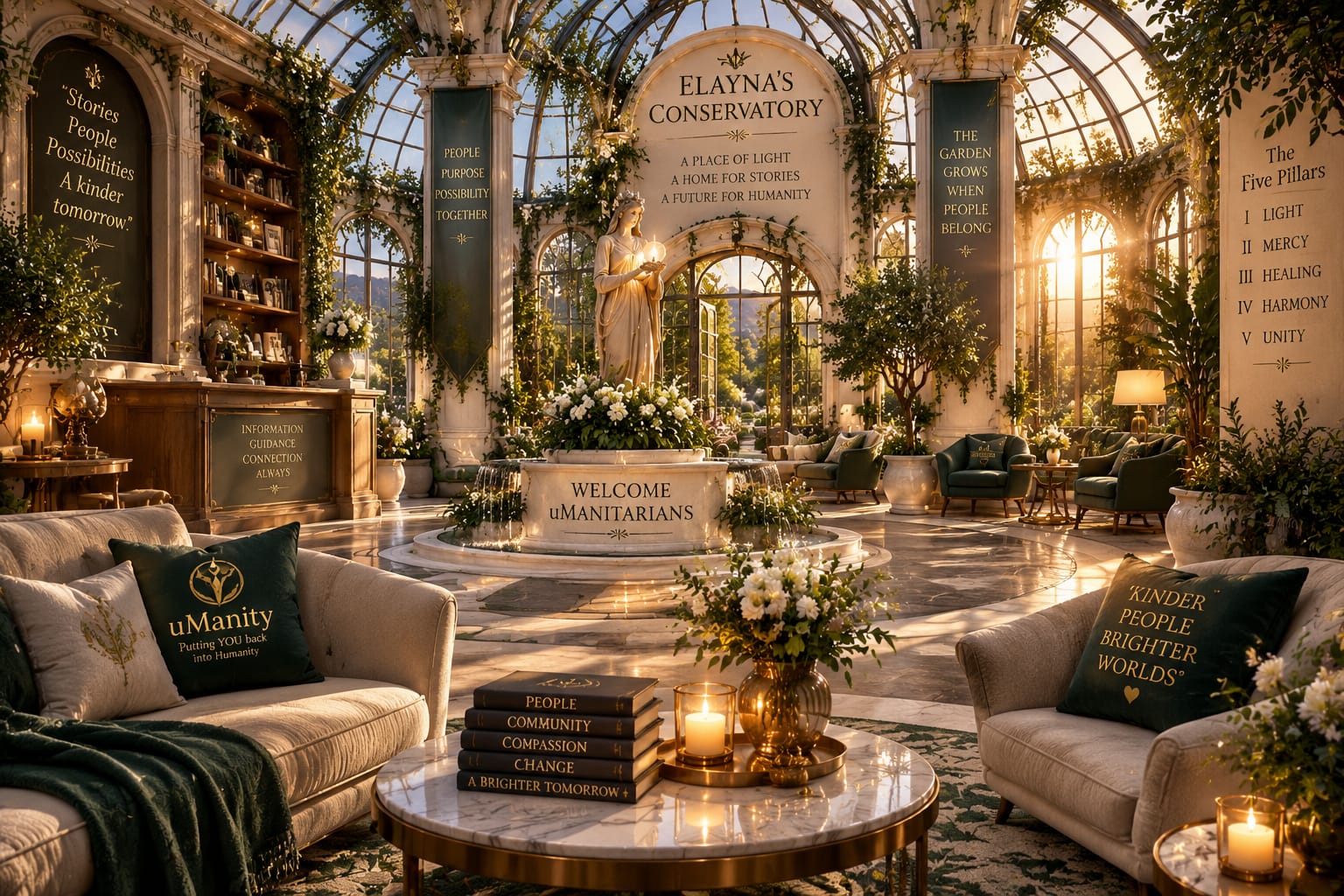 The lobby of Elayna's Conservatory, welcoming uManitarians