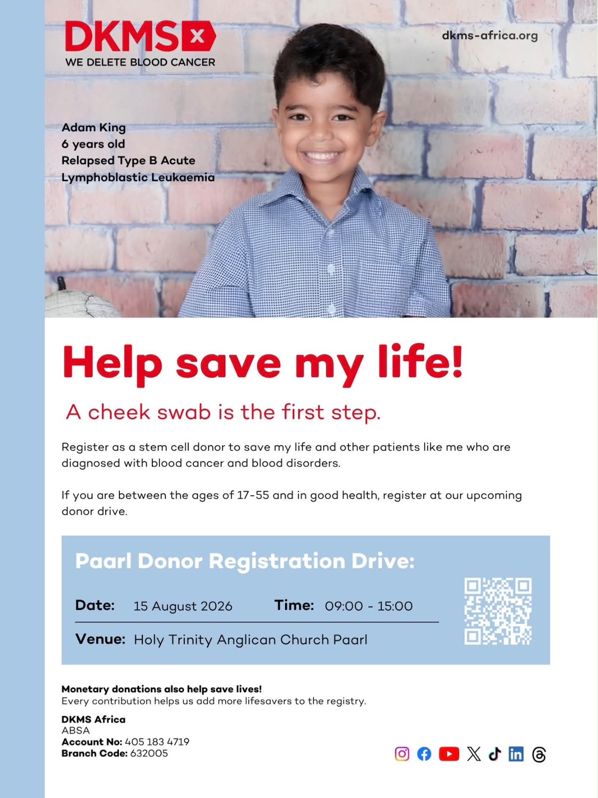 DKMS Africa poster titled 'Help save my life!' featuring Adam King, calling for stem-cell donor registrations at Holy Trinity Anglican Church, Paarl, on 15 August 2026 from 09:00 to 15:00.
